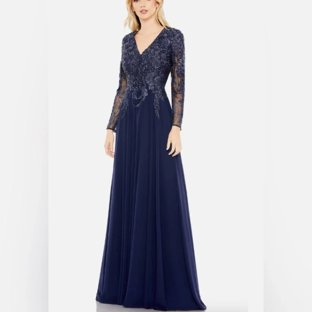NWT Mac Duggal High Neck Mesh Long Sleeve Embellished A Line Gown 20388 Size 8